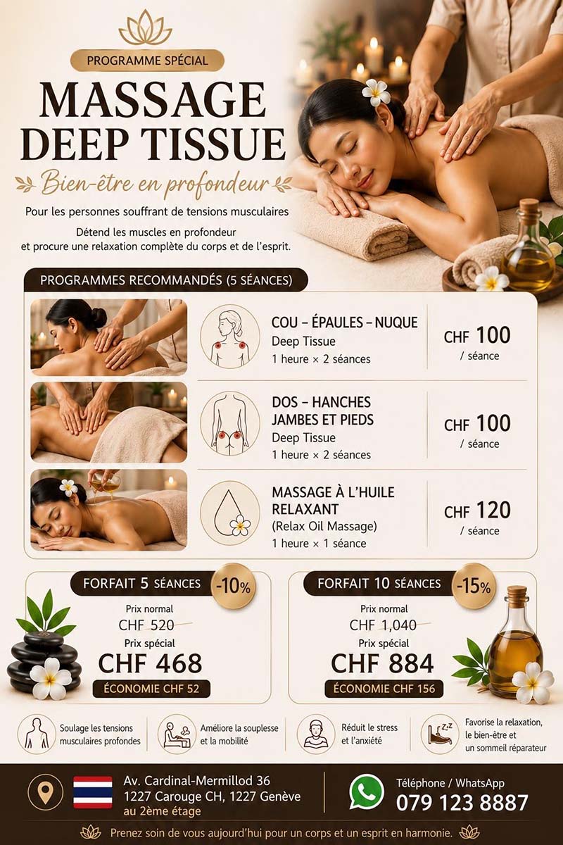 Programme spécial massage Deep Tissue à Carouge Genève